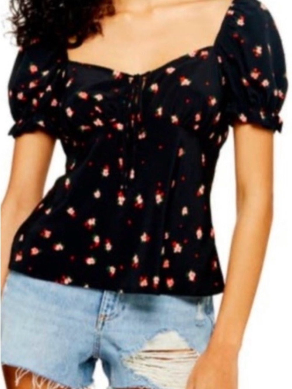 Topshop Black Floral Tie-Front Puff Sleeve Blouse